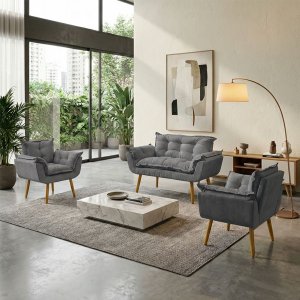 Kit Namoradeira Decorativa e 2 Poltronas Confortável para Sala Recepção Manicure Alice Suede