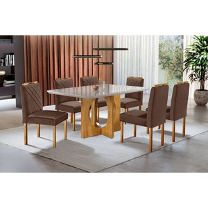 Conjunto Sala de Jantar Malibu Mesa e 6 Cadeiras Madeira Maciça Tampo com Vidro