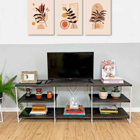 Rack de Tv Industrial de Ferro e Madeira Duo 1,50m Tabaco e Branco