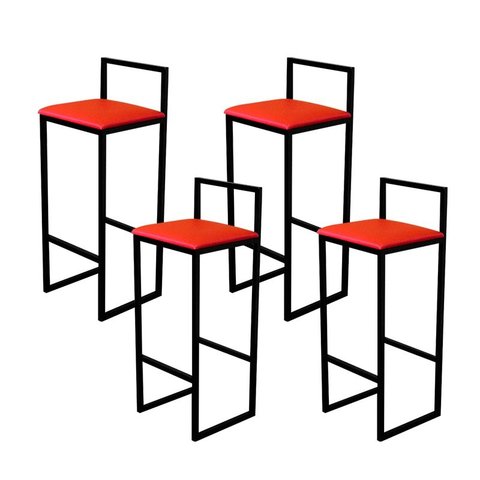 Jogo 4 Banqueta Alta Cozinha Bar Balcão Bistrô Industrial Preta Estofado Vermelho