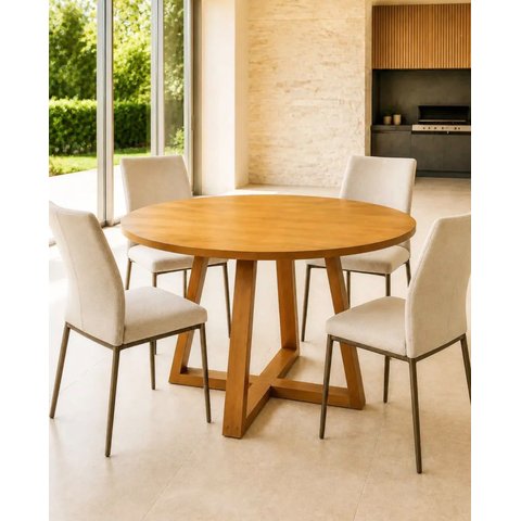 Mesa de Jantar Redonda Freijó c/ Base em Madeira Maciça 80cm