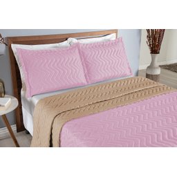 Colcha Cobre Leito Cama Queen 3 Pç Dupla Face Duas Cores Acolchoado Microfibra:rosa e Avelã Bege - 2