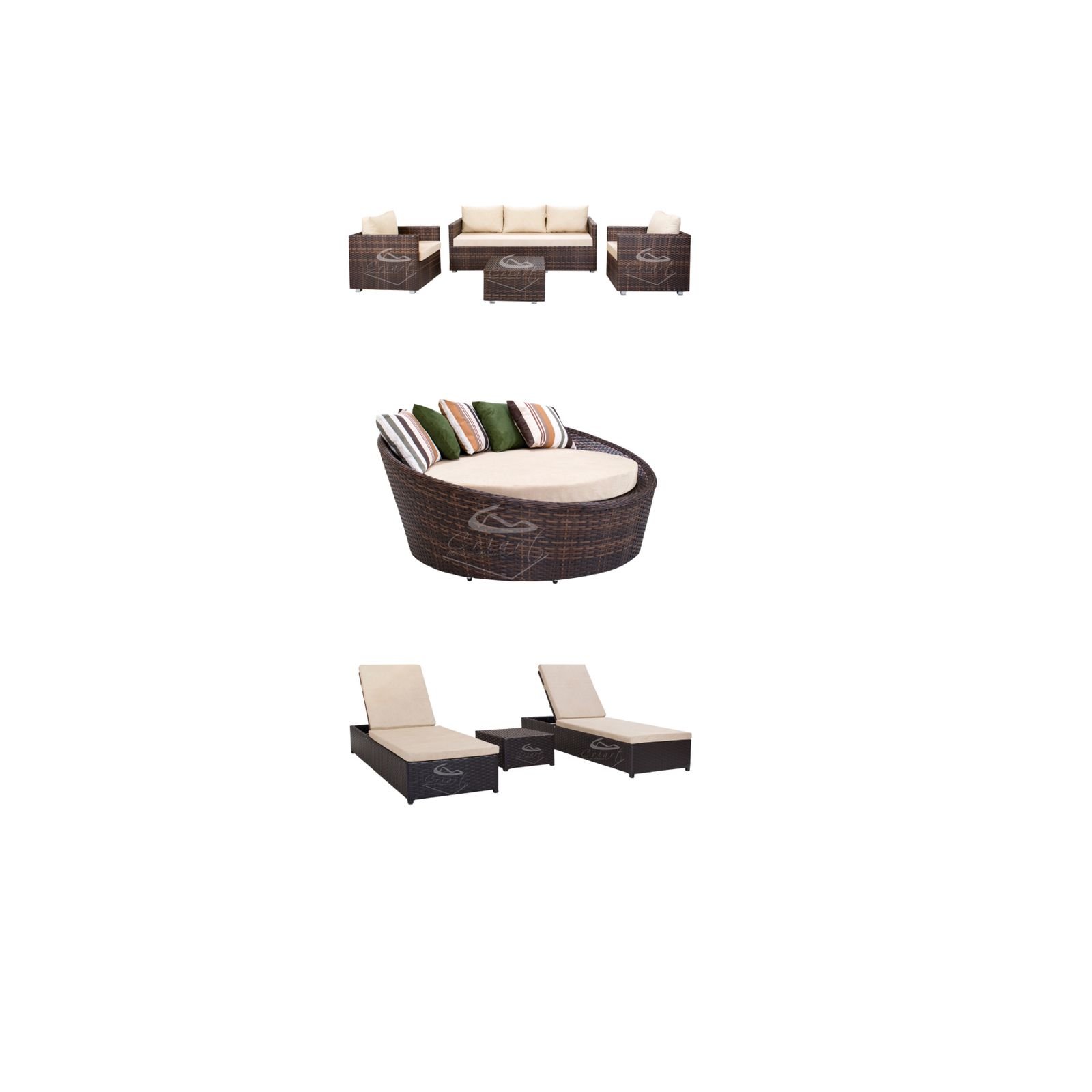 Kit Conjunto de sofás 5 lugares + chaise de 1,60 + conjunto de espreguiçadeiras em alumínio e fibra 