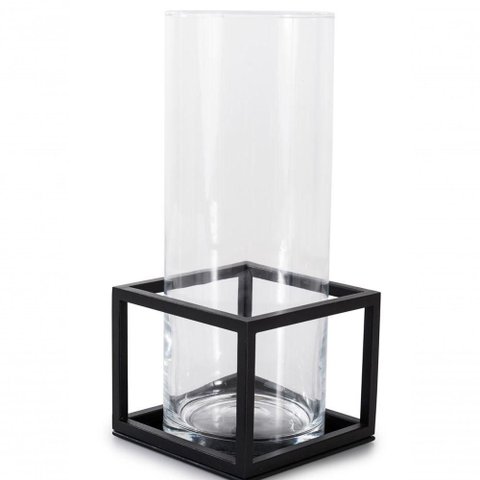Vaso de Vidro com Armação em Aço Preto - Linha Frame - 31 Cms