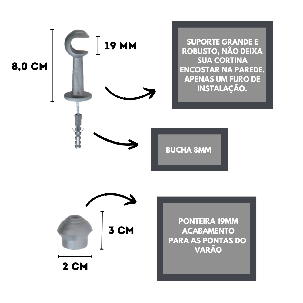 Kit Varão para Cortina 2,50 Metros 19mm Prata - 2