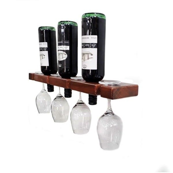 Adega De Vinho Barzinho De Madeira Rústica Suporte 60 CM para 3 Garrafas E 4 Taças Para Parede de De - 6