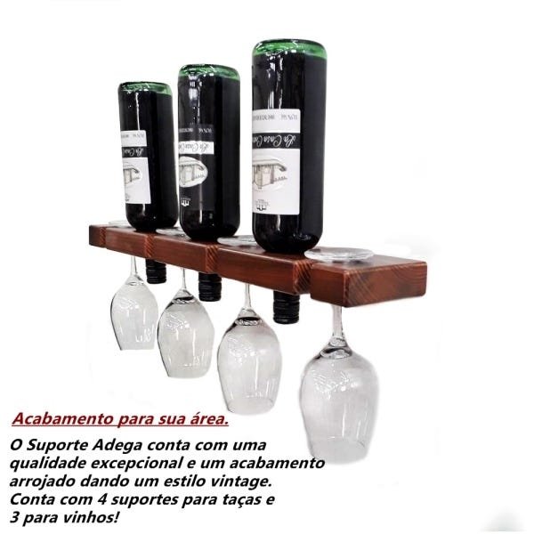 Adega De Vinho Barzinho De Madeira Rústica Suporte 60 CM para 3 Garrafas E 4 Taças Para Parede de De - 2