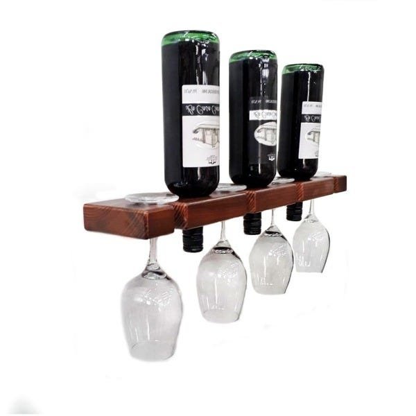 Adega De Vinho Barzinho De Madeira Rústica Suporte 60 CM para 3 Garrafas E 4 Taças Para Parede de De - 7