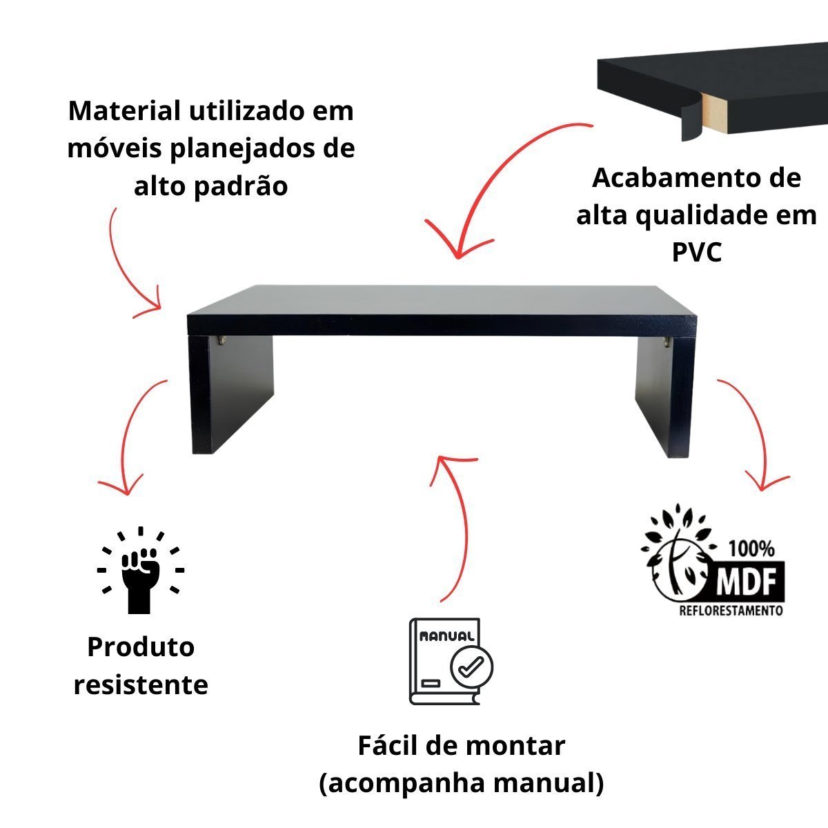 Base para Monitor Mdf 53cm Montado Home Office Suporte Apoio:simples Preto - 2