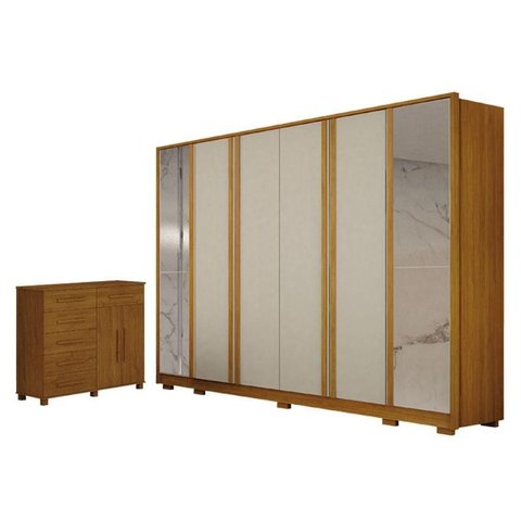 Guarda Roupa Casal Ares 6 Portas com Espelho Cinamomo Off-white com Cômoda São Paulo 6 Gavetas 2 por