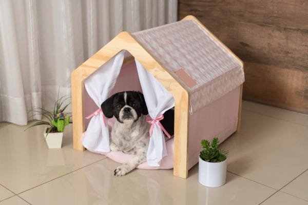Casinha Cama Tenda Para Cachorro Gato Rosa Com Almofada e Madeira - 2