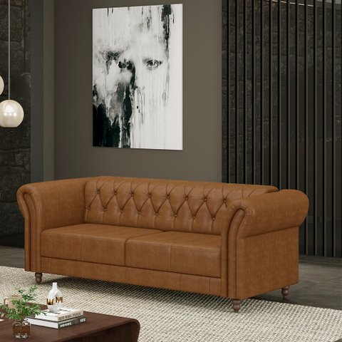 Sofá Living Sala de Estar Stanford Chesterfield 2 Lugares 200cm Pés de Madeira Couro Mel Manchado G5