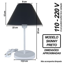 Abajur Infantil Luminária de Mesa Fino Decoração Quarto – Skinny Base Branca Cúpula Preta - 2