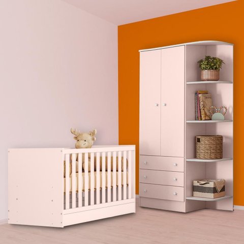 Conjunto Berço Mini Cama e Guarda Roupa 2 Portas Rosa