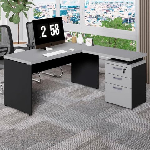 Escrivaninha em L com Gaveteiro Pé Painel F5 3 Gavetas 150cm Cinza Sagrado com Preto F5 Office