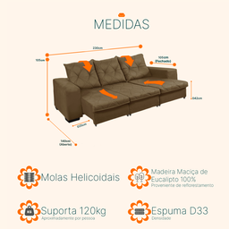 Sofá Retrátil e Reclinável 2,30m 3 Lugares Molas Helicoidais Suede Bali Castor - 3