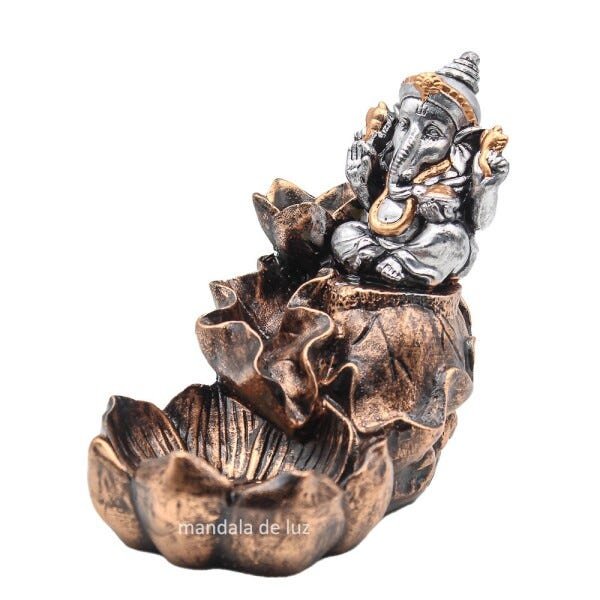 Incensário Cascata Ganesha Flor Dourado e Prata 14cm - 2