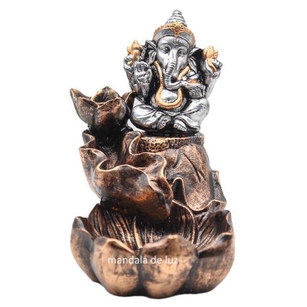 Incensário Cascata Ganesha Flor Dourado e Prata 14cm - 1