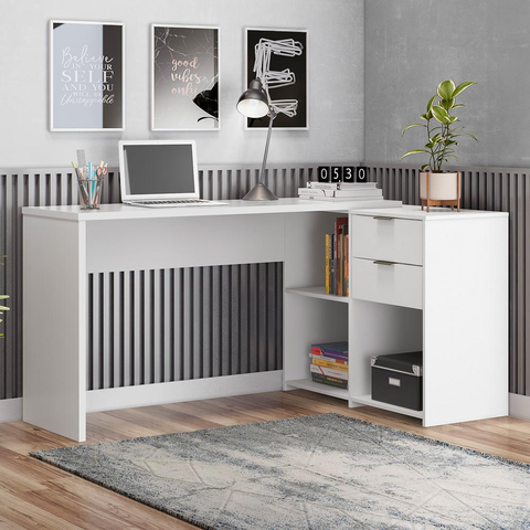 Mesa de Escritório com Tampo Giratório e 2 Gavetas Branca - Notável Móveis