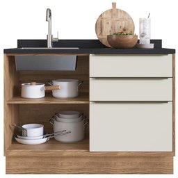 Balcão Cozinha Modular 100% MDF Édez Uno, 1 Porta e 3 Gavetas, Off White e Louro Freijó - 5