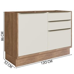 Balcão Cozinha Modular 100% MDF Édez Uno, 1 Porta e 3 Gavetas, Off White e Louro Freijó - 3
