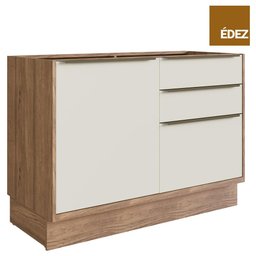 Balcão Cozinha Modular 100% MDF Édez Uno, 1 Porta e 3 Gavetas, Off White e Louro Freijó - 1
