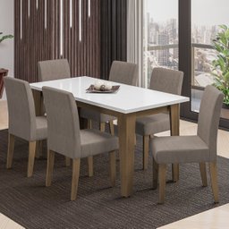 Conjunto de Mesa Sala de Jantar Miami com 6 Cadeiras Trieste Suede 1,60m Cedro / Off White / Mascavo - 2
