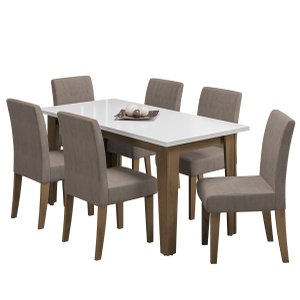 Conjunto de Mesa Sala de Jantar Miami com 6 Cadeiras Trieste Suede 1,60m Cedro / Off White / Mascavo