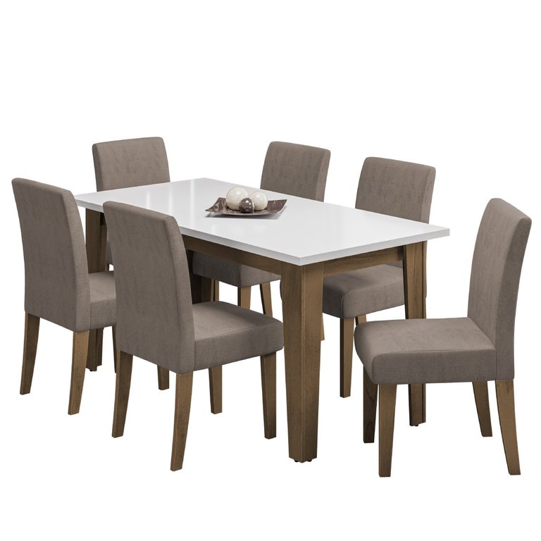 Conjunto de Mesa Sala de Jantar Miami com 6 Cadeiras Trieste Suede 1,60m Cedro / Off White / Mascavo