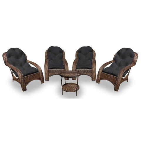 Conjunto de Poltronas Fibra Sintética Espreguiçadeira - 4 Poltronas + 1 Mesa Centro - Tecido Duna Pr