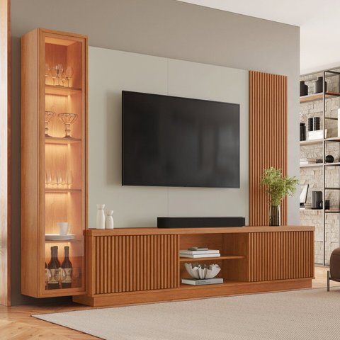Rack com Painel com Cristaleira para TV até 75 Polegadas Ripado 100% MDF 190,5CMX220CM Valência