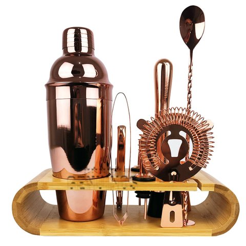 Coqueteleira Profissional Rose Gold com Acessórios em Aço Inox 750ml Kit Barman Base em Madeira