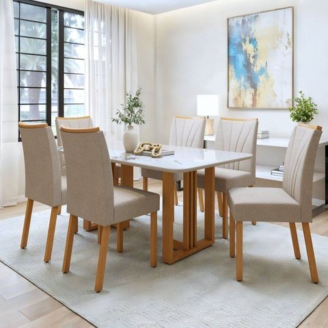 Conjunto Sala de Jantar 6 Lugares Retangular Tampo Vidro/MDF Mesa Tessera Cadeiras Pés Madeira Jade
