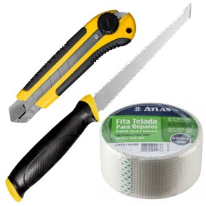 Serrote Para Gesso Drywall Lâmina Dupla 6" Pol + Fita Telada 50mm x 45m + Estilete 25mm Com Trava e 
