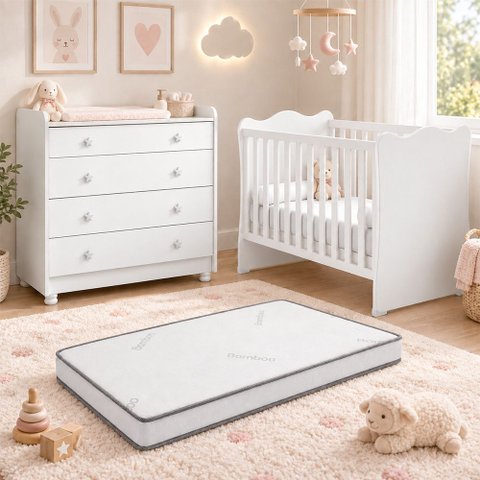 Kit Quarto de Bebê Doce Sonho com Berço para Mosquiteiro Cômoda com Trocador e Colchão D18 130x60 Mo