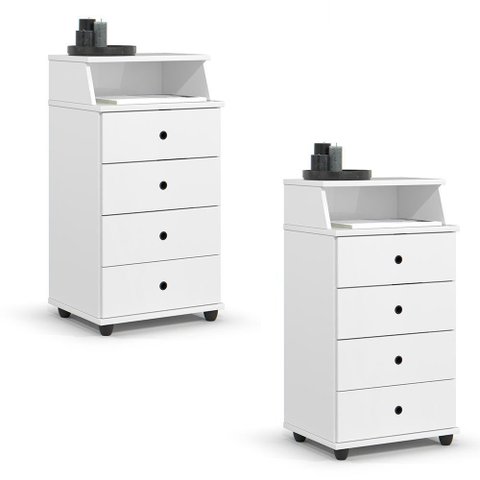 Conjunto de 2 Mesa de Cabeceira Luxo Ii New com 4 Gavetas Branco Branco