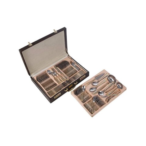 Faqueiro Champs-élysées Aço Inox Luxo Prata Filetados a Ouro com Maleta - 84 Peças