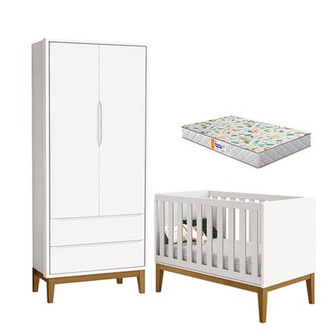 Berço Americano e Guarda Roupa 2 Portas New Classic Branco com Pés Madeira e Colchão Gazin -