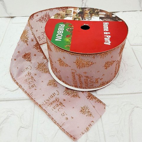 Rolos Fita Aramada Rose Gold Árvore Natal 6,3cm 9m Kit 4pçs
