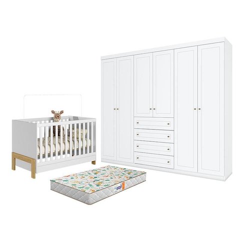 Berço Americano Mini Cama Fantasia Branco Acetinado – Qmovi  e guarda Roupa Casal Americano 6 Portas