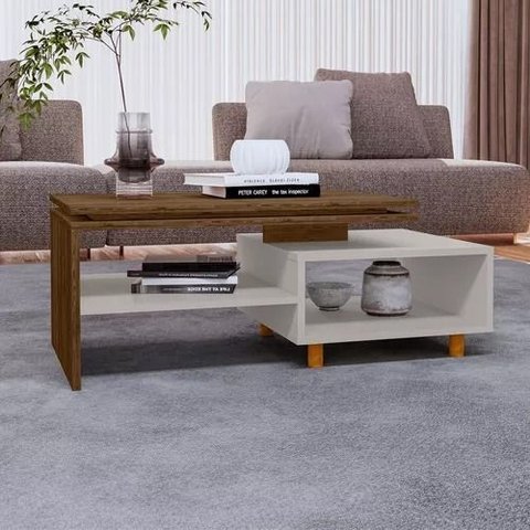 Mesa de Centro Sala Lima com Pés de Madeira Maciça Cinamomo/off White
