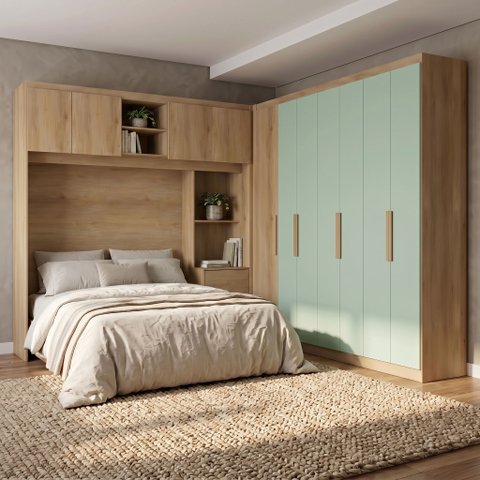 Guarda Roupa Casal Modulado de Canto 6 Portas com Cabeceira Milan Yescasa Capuccino/Verde Menta