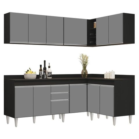 Armário de Cozinha Modulado de Canto 6 Peças Cp29 Balcão com Tampo Preto/cinza - Lumil