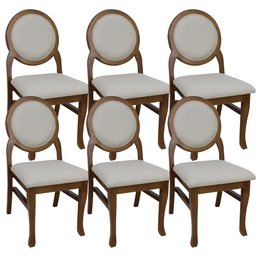 Kit 6 Cadeiras Medalhão Contemporânea Verniz Imbuia e Linho Bege Claro Soberati Cadeira Medalhão Con - 1