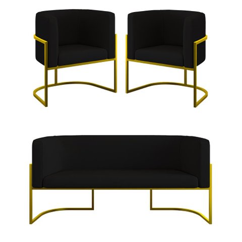Kit 2 Poltronas + Sofá 2 Lugares para Recepção Gold Veludo Cor:preto