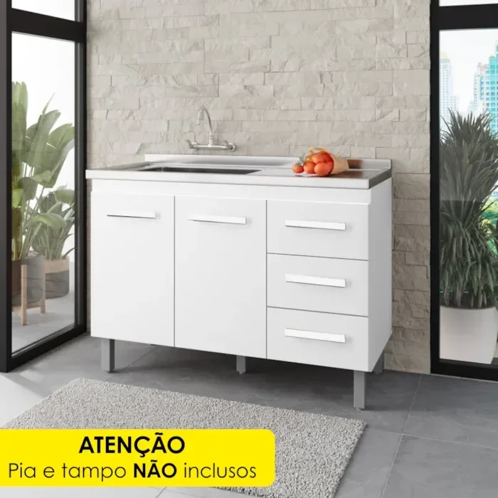 Balcão para Pia 120cm com 03 Portas e 01 Gaveta Anita Branco Moblis - 6