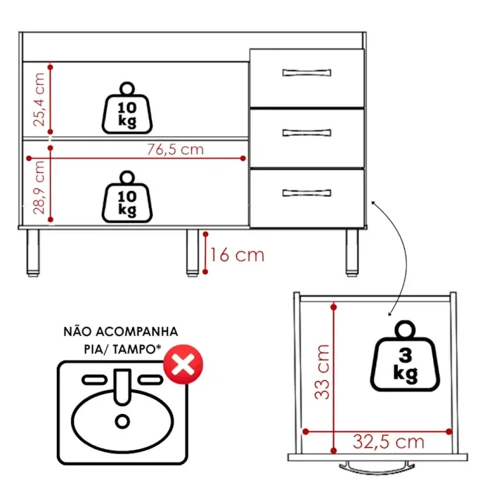 Ver imagem 4 de Balcão para Pia 120cm com 03 Portas e 01 Gaveta Anita Branco Moblis