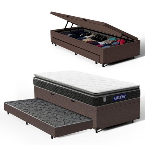 Cama Box Baú + Colchão Gazin de Espuma D28 Pillow Top Ortoblack + Auxiliar de Espuma Solteiro