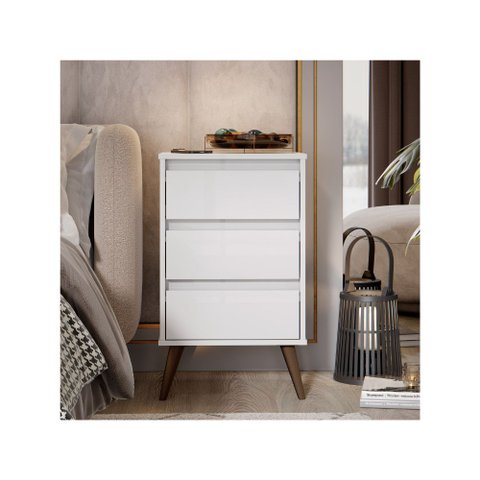 Mesa de Cabeceira para Quarto Retrô Wood 3 Gavetas Pés Palito em Plástico - Branco