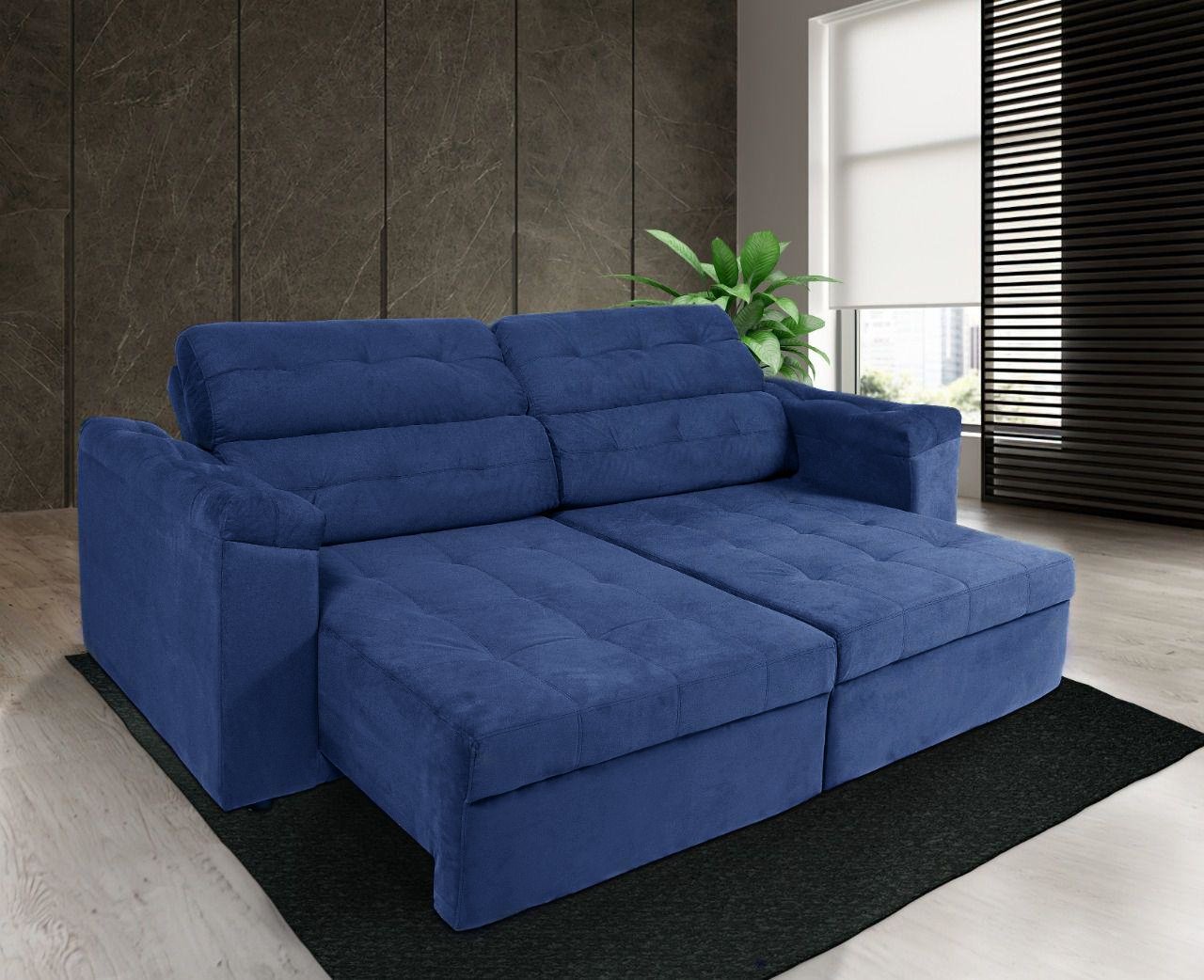 Sofá Retrátil e Reclinável GlamourNew 2,00m Com Molas Suede Azul MadeiraMadeira
